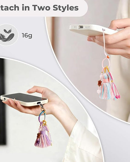 Boho Phone Charm with Tassel, Handmade Macrame Woven Phone Accessory, Cute Aesthetic Crystal & Wood Beaded Pendant Decoration for Cellphone, Bag, Keys
