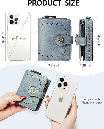 TFKGS Small Womens Wallet Leather RFID Blocking Bifold Compact Card Holder Ladies Zipper Accordion Pocket with ID Window Blue