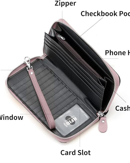 Moflycom Womens Wallet RFID Blocking Genuine Leather Multi Credit Card Large Capacity Zip Around Clutch Travel Purse Wristlet