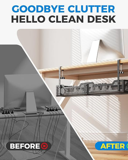 [Upgraded] Extra Large Under Desk Cable Management, Cinati 25" Wire Organizers No Drill, Cable Tray with Clamp for Wire Management, Cord Organization Box for Office, Home - No Damage to Desk(Black)