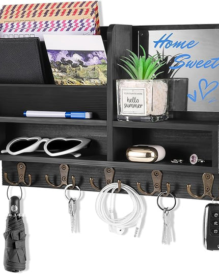 ClyraStor Key Holder Wall Mount, Mail Organizer Wall Mounted, Solid Wood Key Holder for Wall Living Room Entryway Home Decor, with 10 Key Hooks, Shelf, Marker Pen, 15.7" x 10.2" x 2.8"