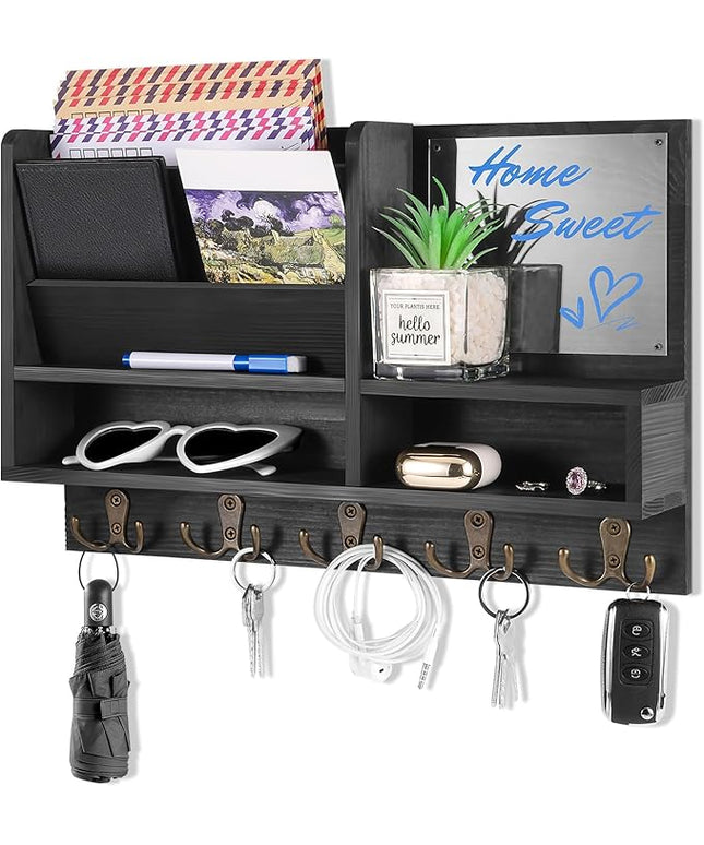 ClyraStor Key Holder Wall Mount, Mail Organizer Wall Mounted, Solid Wood Key Holder for Wall Living Room Entryway Home Decor, with 10 Key Hooks, Shelf, Marker Pen, 15.7" x 10.2" x 2.8"