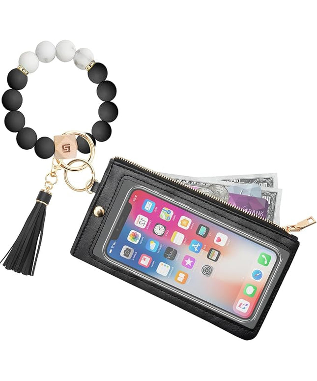 COOLANS Silicone Bracelet Wristlet Wallet Credit Card Holder RFID,ID Window,Key Ring Tassel,Slim Wallet Women Keychain Purse