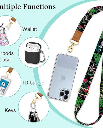Phone Lanyard Crossbody Wrist Strap, Flower Cell Phone Lanyards for Around the Neck Wristlet Shoulder, Adjustable Floral Strap for Car Keys Keychain Wallet ID Badge Black