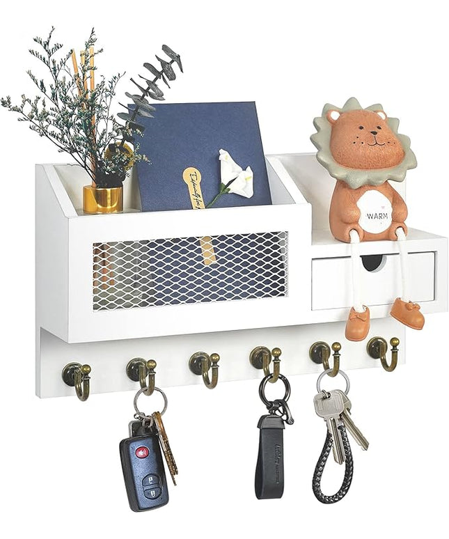 FifthQuarter Key and Mail Holder for Wall, Mail Organizer Wall Mount with 6 Hooks and Storage Drawer, Easy Installation Key Rack for Entryway and Home Decor (B-White)