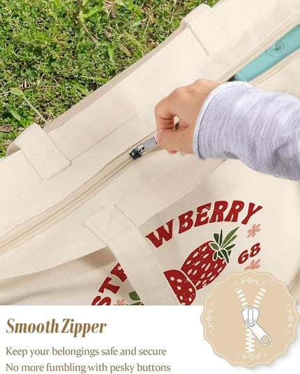 Large Tote Bag for Women - Canvas Tote Bag with Zipper Aesthetic Reusable Shoulder Bag for Gym, Travel, Work