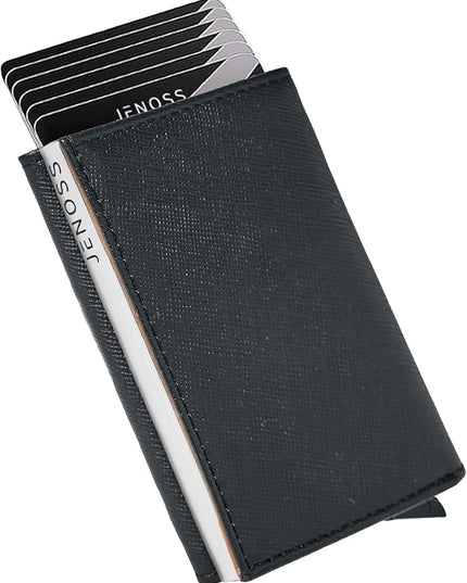 Jenoss Smart Wallet For Men: Full Grain Leather, Handcrafted, Silver Metal Pop Up Case, Slim RFID Blocking Credit Card Holder, Minimalist Compact 12 Cards Slot Organizers ID Money Clip (Black & Brown)