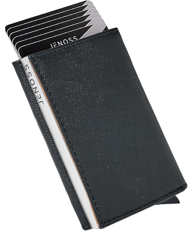 Jenoss Smart Wallet For Men: Full Grain Leather, Handcrafted, Silver Metal Pop Up Case, Slim RFID Blocking Credit Card Holder, Minimalist Compact 12 Cards Slot Organizers ID Money Clip (Black & Brown)