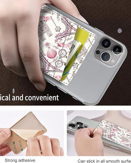 Phone Card Holder, Dual Pocket Leather Wallet Adhesive Stick On, Cute Credit Card Holder for Smartphones Case Compatible with Most Phone（Tower）
