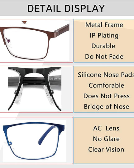 4-Pack Blue Light Blocking Reading Glasses for Men Stylish Metal Frame Readers with Comfort Spring Hinges Anti Glare UV Filter Eyeglasses, +1.25 STRENGTH