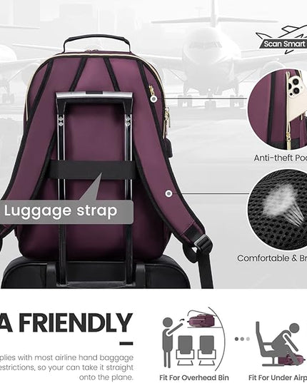 LOVEVOOK Laptop Backpack for Women 17.3 inch,Cute Womens Travel Backpack Purse,Professional Laptop Computer Bag,Waterproof Work Business College Teacher Bag Carry on Backpack with USB Port,Deep Purple
