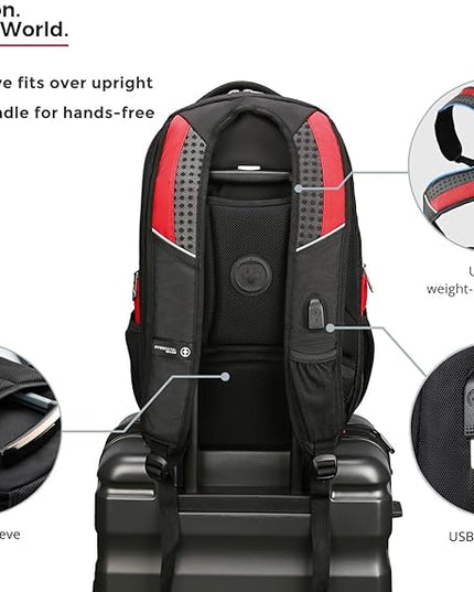 Swissdigital Design Men's Laptop Backpack for College and Business Travel with Integrated USB Charging Port and RFID Protection Fits 15.6" Laptops Black/Red | J14-41