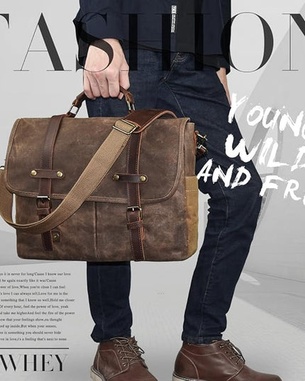 Mens Messenger Bag 15.6 Inch Waterproof Vintage Genuine Leather Waxed Canvas Briefcase Large Leather Computer Laptop Bag Rugged Satchel Shoulder Bag, Brown