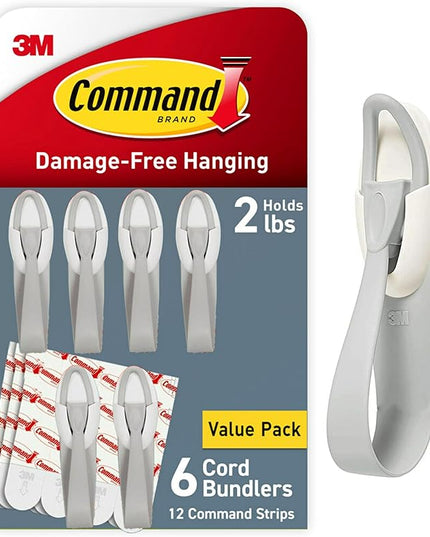 Command Cord Bundlers, Damage-Free Hanging Cord Organizer, No Tools Cord Bundler for Hanging Electrical Cables of Christmas Decorations, 6 Gray Cord Bundlers and 12 Command Strips