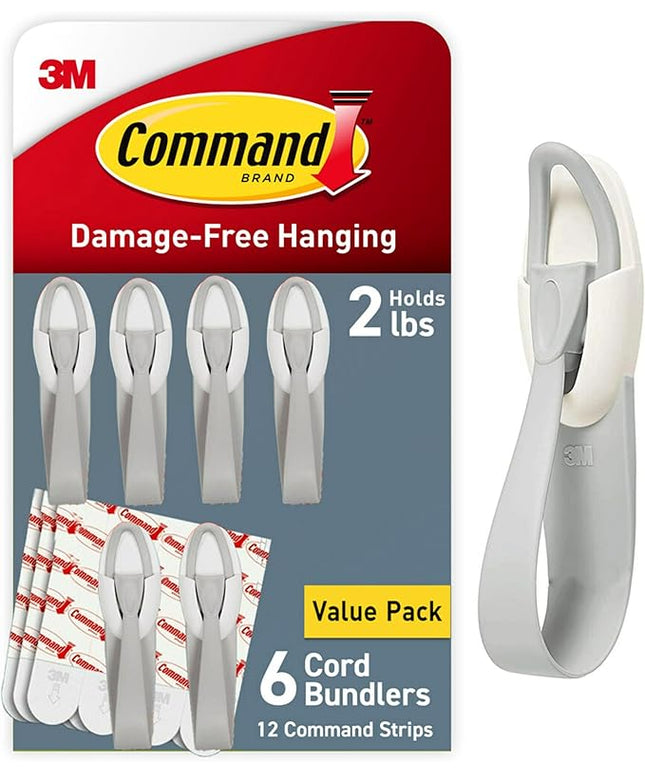 Command Cord Bundlers, Damage-Free Hanging Cord Organizer, No Tools Cord Bundler for Hanging Electrical Cables of Christmas Decorations, 6 Gray Cord Bundlers and 12 Command Strips