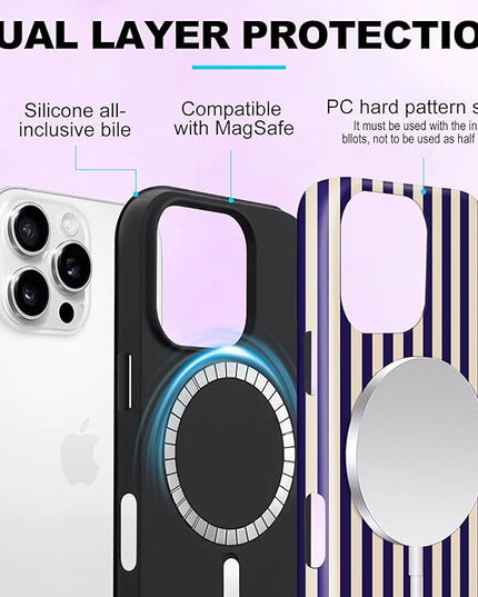 Magnetic for iPhone 13 Pro Max Case Cute Stripes Phone Case, Shockproof Slim TPU and Hard PC Protective Phone Cover Compatible with MagSafe Designed for Women Girls, Deep Purple