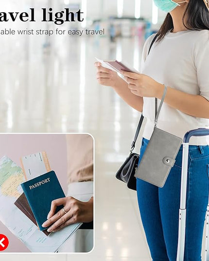 Passport Holder for Travel Essentials, RFID Blocking PU Leather Wallet Cover with Wristlet Strap Magnetic Closure Passport Book Holders Case for Women and Men, Grey