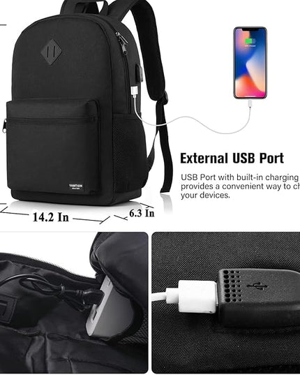 YAMTION Black Backpack for Women Men,Casual School Backpack Teen Boys and Girls 15.6 Inch Laptop Bookbag with USB Charger for College High School Travel Business