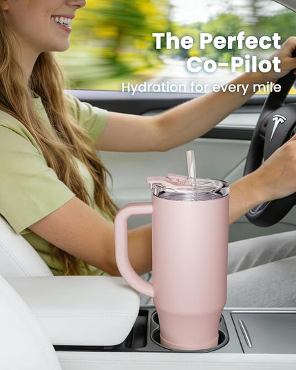 Renoj Tumbler with Handle 100% Leak Proof Insulated Water Bottle for Iced Coffee & Hot Drinks - Fits Car Cup Holder, Ideal Gift, 2 Straws & Silicone Boot BPA-Free - SnapShift Light Pink 40 oz