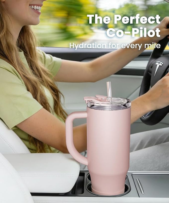 Renoj Tumbler with Handle 100% Leak Proof Insulated Water Bottle for Iced Coffee & Hot Drinks - Fits Car Cup Holder, Ideal Gift, 2 Straws & Silicone Boot BPA-Free - SnapShift Light Pink 40 oz