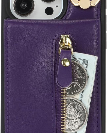 for iPhone 15 Pro Wallet Case with Card Holder, for iPhone 15 Pro Case Wallet with Strap Credit Card Slot, Crossbody Bag with Zipper Case for iPhone15 Pro - Purple