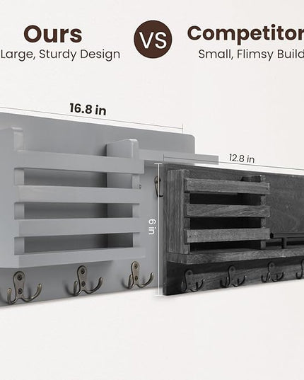 Nekon Mail Holder for Wall Mail Organizer with Key Hooks Hallway Farmhouse Decor Storage Racks with Floating Shelf and Flush Mount Hardware (16.8Inch x 10Inch x 3.2Inch) (Gray)