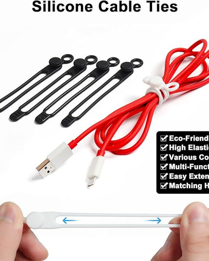 48Pcs Cord Organizer Kit, Reusable Silicone Cable Ties, Strong Adhesive Cable Clips for Cable Management, Multipurpose Wire Management for Bundling and Fastening Various Wires (Black, White)