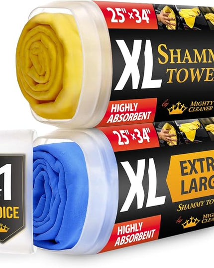 Premium XL Shammy Towel for Car - 2pk (34”x25”) - Super Absorbent Chamois Cloth - Spots & Scratch-Free - Reusable Car Drying Towels