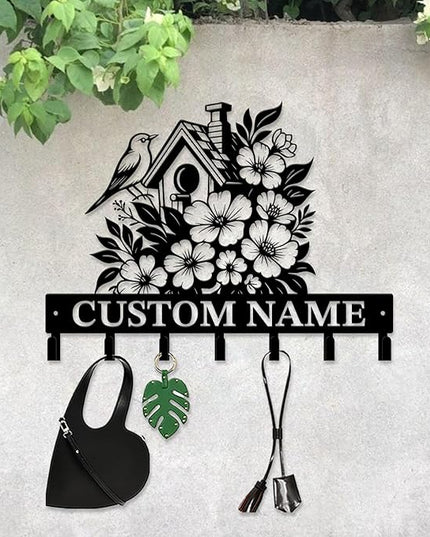 peanut case Customized Keys Holder - Personalized Birds Flower Key Hooks Wall Metal Sign Decor,Wall Holder, Garden,Door Hook (Style B)