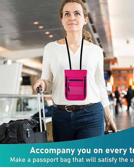 sundee Travel Neck Wallet with Double Zippers, RFID Blocking Passport Holder with Adjustable Neck Strap for Men and Women to Keep Cash, Credit Cards and Travel Documents Safe - Rose Red