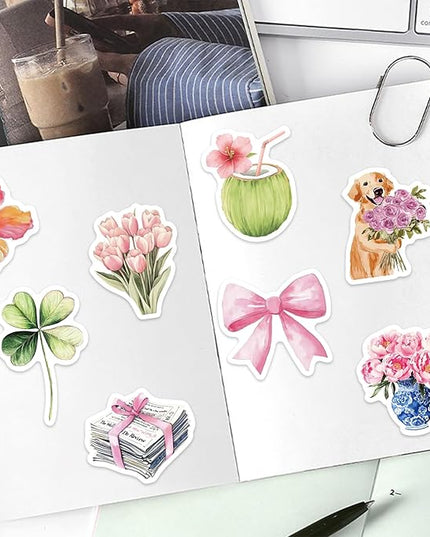 55 PCS Vintage Pink Stickers, Waterproof Retro Aesthetic Stickers for Water Bottles,Laptop Scrapbook Journaling Decorative Decals for Adults