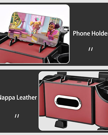 Back Seat Car Organizer,4 in 1 Multifunctional Car Back Seat Storage Box with Drink Cup Holder Tissue Box, for Hold Phone,Snacks, Drinks, Handbag-Red
