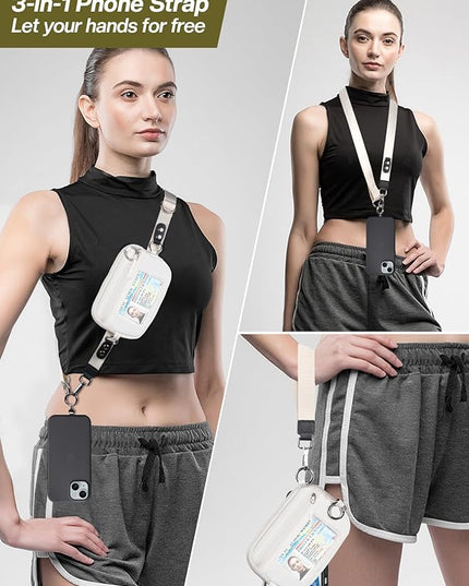 Clip and Go Strap for Phone with Wallet Crossbody Phone Lanyard Adjustable and Detachable RFID Wristlet Wallet with ID Window and Zipper, Cream