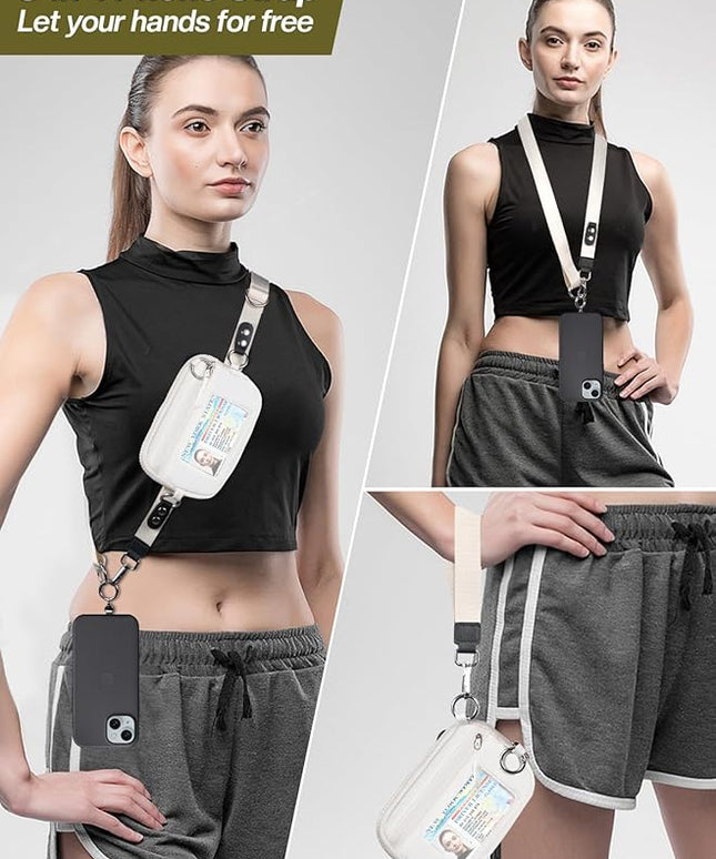 Clip and Go Strap for Phone with Wallet Crossbody Phone Lanyard Adjustable and Detachable RFID Wristlet Wallet with ID Window and Zipper, Cream