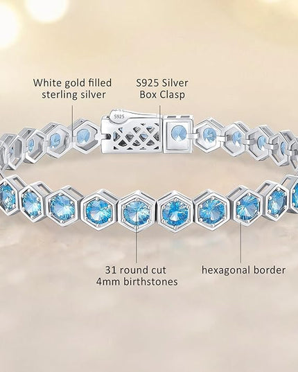Birthstone Tennis Bracelets for Women Birthday Gifts 925 Sterling Silver Hexagon White Gold Bracelets Round Cut 5A Cubic Zirconia Prong Setting 7 Inch Anniversary Jewelry Gift