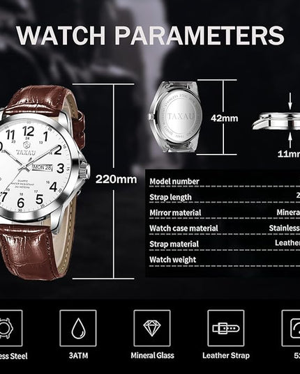 Men's Watches Leather Band Stainless Steel Quartz Analog Watch Luxury Waterproof Watches for Men Dress Men's Wrist Watch with Day Date Arabic Numeral Relojes para Hombre