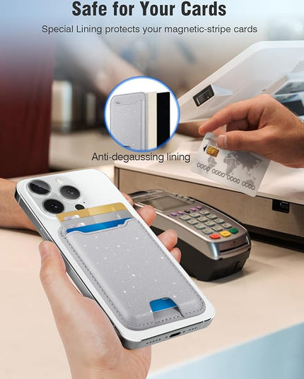TopMade for Magsafe Wallet, Sparkle Magnetic Card Holder for iPhone 17, iPhone 16/15/14/13/12 Series, Leather Magnetic Phone Wallet with Powerful Magnet, RFID Blocking, Fit 4 Cards, Glitter Gray
