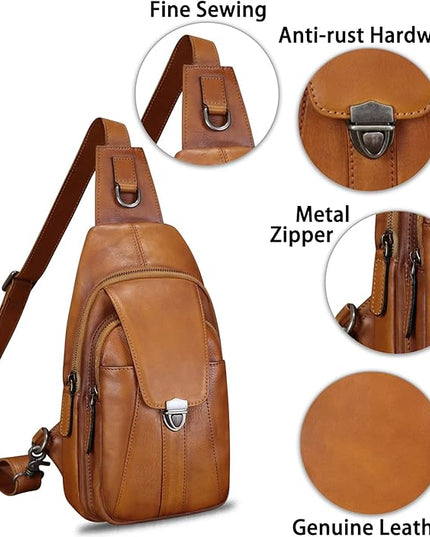 Genuine Leather Sling Bag for Women and Man Handmade Retro Hiking Crossbody Backpack Purse Chest Shoulder Daypack