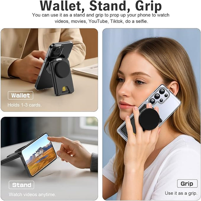 for MagSafe Wallet Stand, Magnetic Wallet Stand Adjustable, Phone Stands Card Holder with Secure Grip, for Samsung S25 S24 S23 Series and for iPhone 17 16 15 14 13 12 Series, Fit 3 Cards, Black