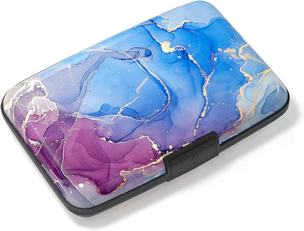 Atufsuat Credit Card Holder, Mini Aluminum Card Wallet RFID Blocking Slim Metal Hard Card Case for Women Men, Blue Purple Marble