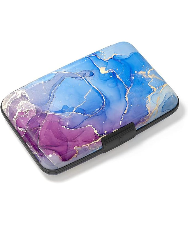 Atufsuat Credit Card Holder, Mini Aluminum Card Wallet RFID Blocking Slim Metal Hard Card Case for Women Men, Blue Purple Marble