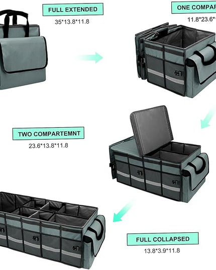 Car Trunk Organizer and Storage with Removable Leakproof Cooler Bag, 6 Removable Dividers for Custom Space, Collapsible Trunk Storage with Non Slip Bottom, Foldable Cover for SUV, Jeep, MPVs