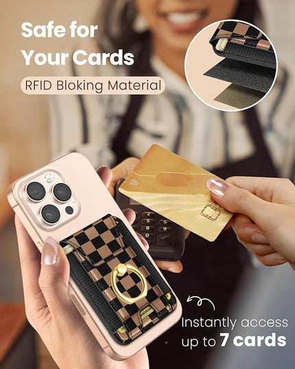 Shorogyt Compatible with Magsafe Wallet with Ring Grip Magnetic Card Holder - Cute Phone Wallets with Stand for iPhone 17/16/15/14/13/12 Series for Women Girls Black Grid Design, Fit 7 Cards