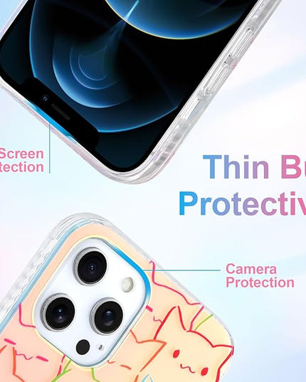 Cute Case for iPhone 12 Pro Max Case for Women Girls Boys [ Compatible with Magsafe ] Iridescent and Black Cats Cat Pattern Design, Kawaii Colorful Animal Soft Bumper Protective Phone Cover
