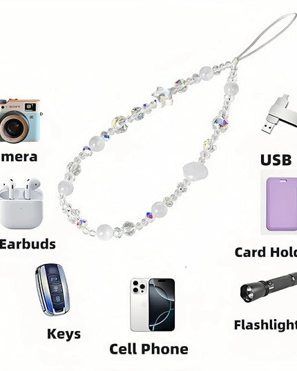 Cute Sparkling Star & Cat's Eye Phone Lanyard, Beaded Crystal Charm Strap for Phone Keys Purse - Gift for Women