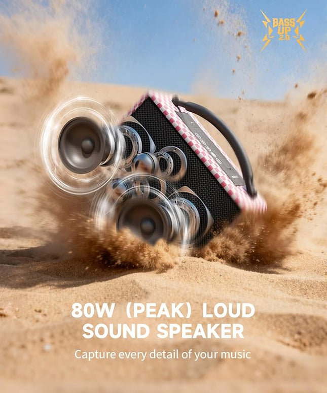 DINDIN Portable Bluetooth Speaker： 80W (Peak), 20H Playtime, Wireless Big Wood Boombox with Deep Bass, Subwoofer, TWS, Large, Loud Speaker for Party, Outdoor, Backyard, Beach, Home,Gift（Pink+White）