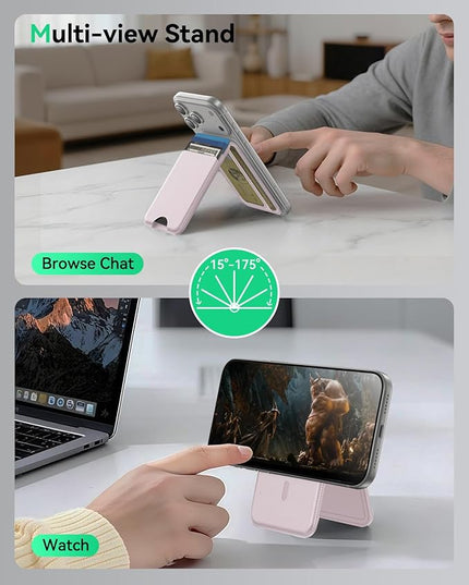 Fanseesy for MagSafe Wallet with Stand, 5 Card Holder, Slim Leather Magnetic Wallet for iPhone 17/16/15/14/13/12 Pro Max Plus Air Series, 3 Card Slots & 1 Cash Slot,Pink