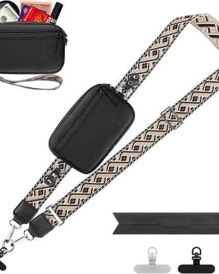 Clip and Go Strap for Phone with Wallet Crossbody, Adjustable Phone Lanyard with Detachable RFID Wristlet Wallet, Pattern Strap, Black (M)
