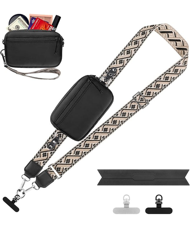Clip and Go Strap for Phone with Wallet Crossbody, Adjustable Phone Lanyard with Detachable RFID Wristlet Wallet, Pattern Strap, Black (M)