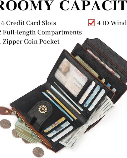 Blucoay Leather Wallet Women,RFID Blocking Womens Wallet Bifold Compact Small Wallet for Women Card Holder with Zip Coin Pocket Brownblack